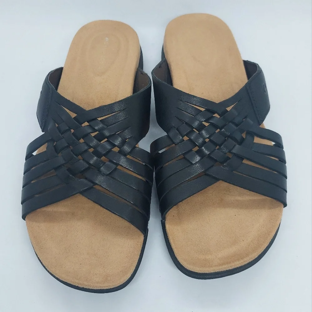 Easy Spirit Semeadow Slip On Sandals Size 8.5M Black Leather Open Toe Shoe